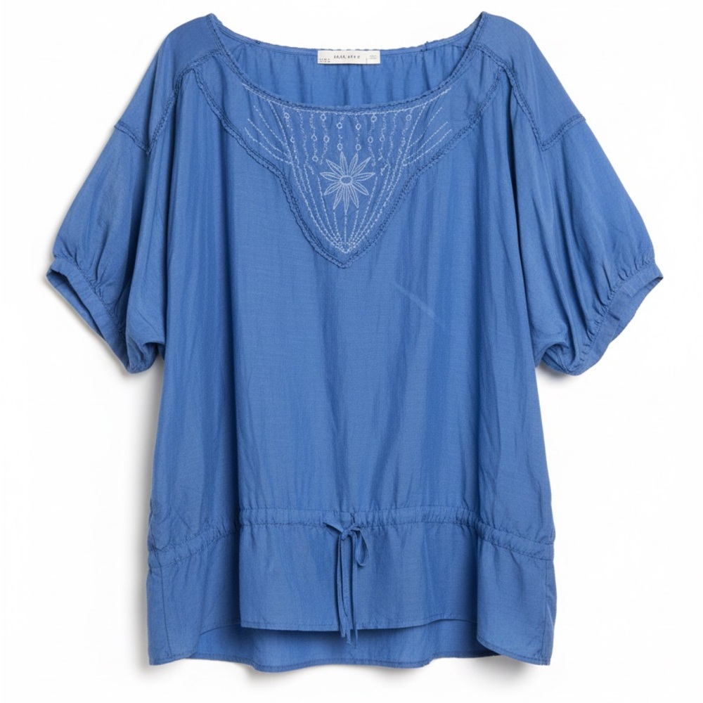 Zara Blue Embroidered Women's Peasant Coastal Top